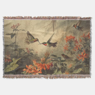 Vintage botanical scene hummingbirds and flowers throw blanket