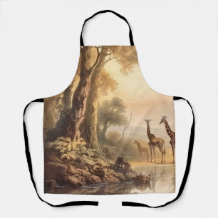 Vintage botanical scene of giraffes by the river apron