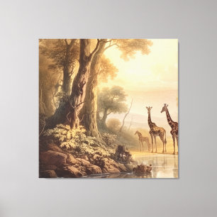 Vintage botanical scene of giraffes by the river canvas print