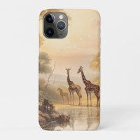 Vintage botanical scene of giraffes by the river