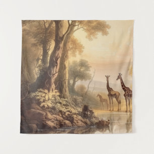 Vintage botanical scene of giraffes by the river tapestry