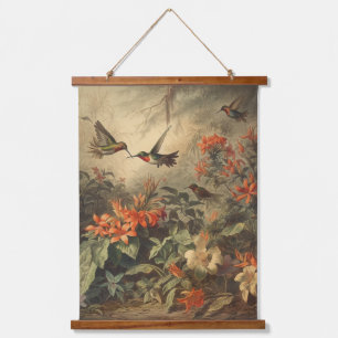 Vintage botanical scene of hummingbirdsand flowers hanging tapestry