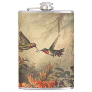 Vintage botanical scene of hummingbirdsand flowers hip flask