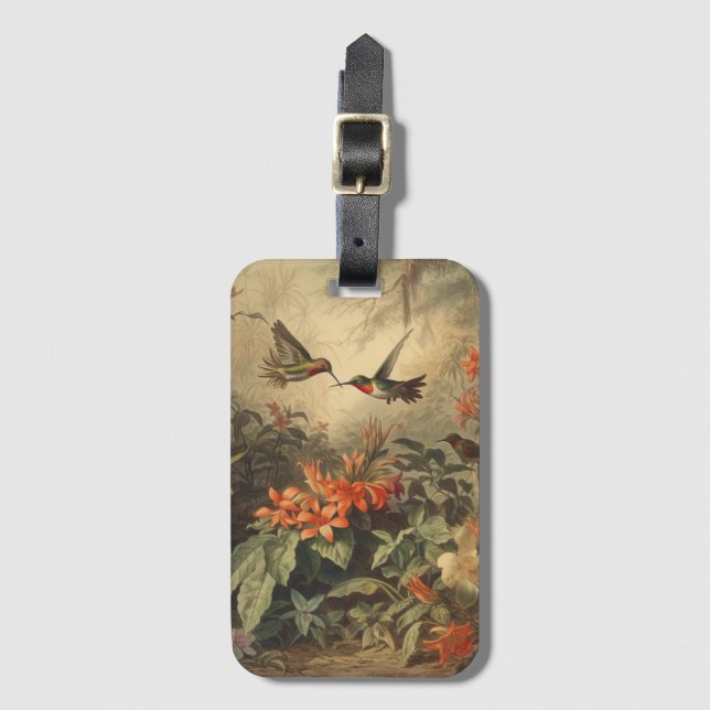 Vintage botanical scene of hummingbirdsand flowers luggage tag (Front Vertical)