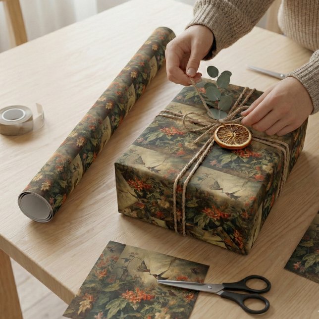 Vintage botanical scene of hummingbirdsand flowers wrapping paper (Creator Uploaded)