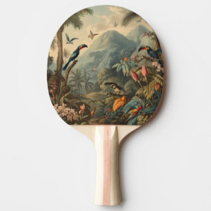 Vintage botanical scene of parrots and flowers ping pong paddle