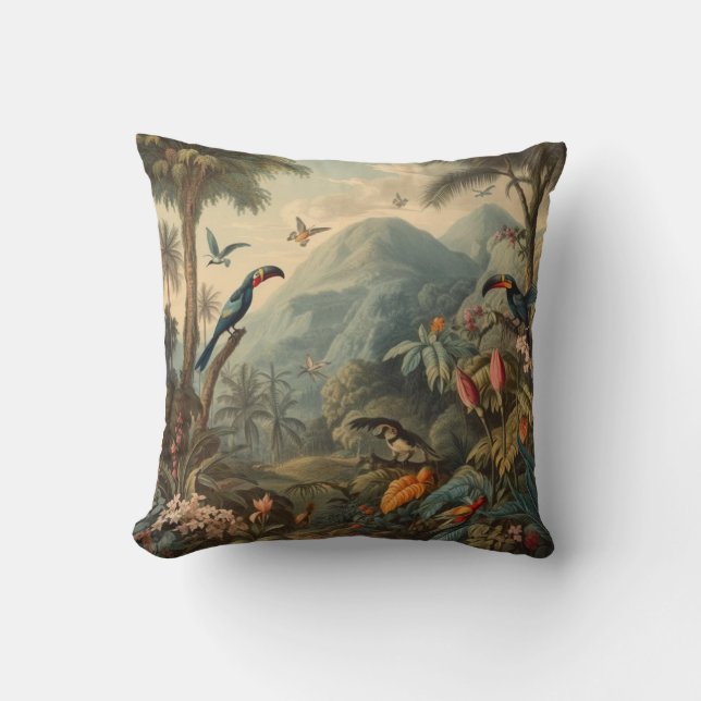 Vintage botanical scene of Toucans and flowers Cushion (Front)