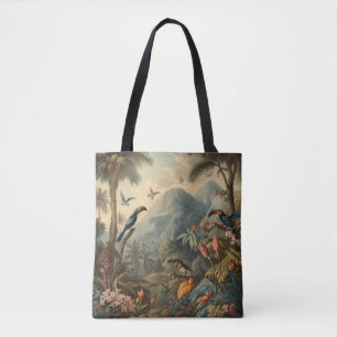 Vintage botanical scene of toucans and flowers tote bag