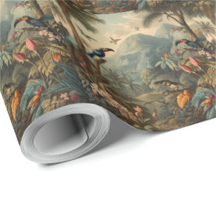 Vintage botanical scene of toucans and flowers wrapping paper