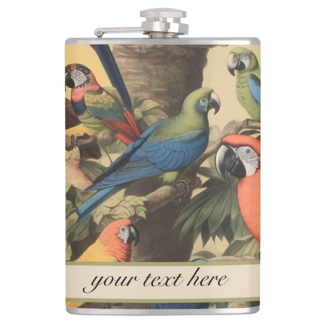 Vintage botanical scene parrotscustomizable  hip flask (Front)