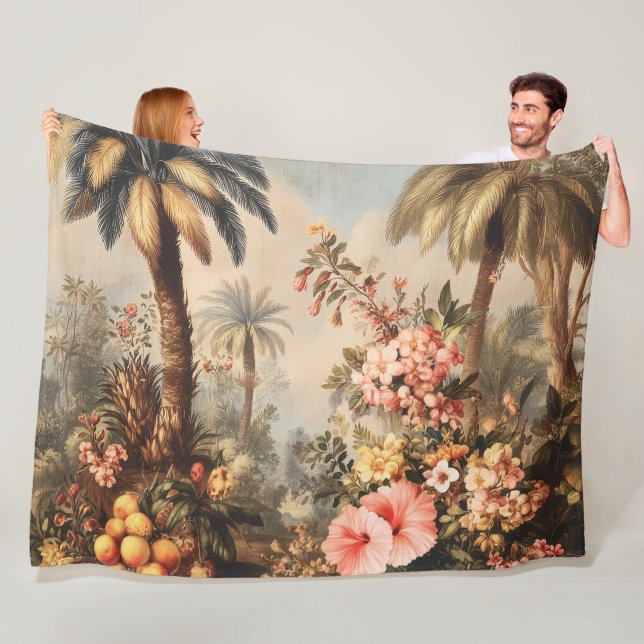 Vintage Botanical Scene with Palms Fleece Blanket (In Situ)