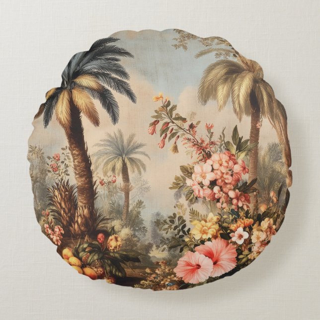 Vintage Botanical Scene with Palms Round Cushion (Front)