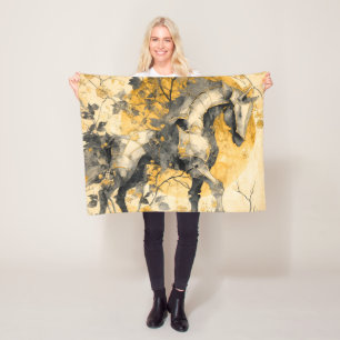 Vintage Botanical Spirit White Horse Floral Vines Fleece Blanket