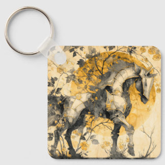Vintage Botanical Spirit White Horse Floral Vines Key Ring