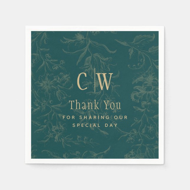 Vintage BOTANICAL TEAL GOLD Wedding Napkin (Front)