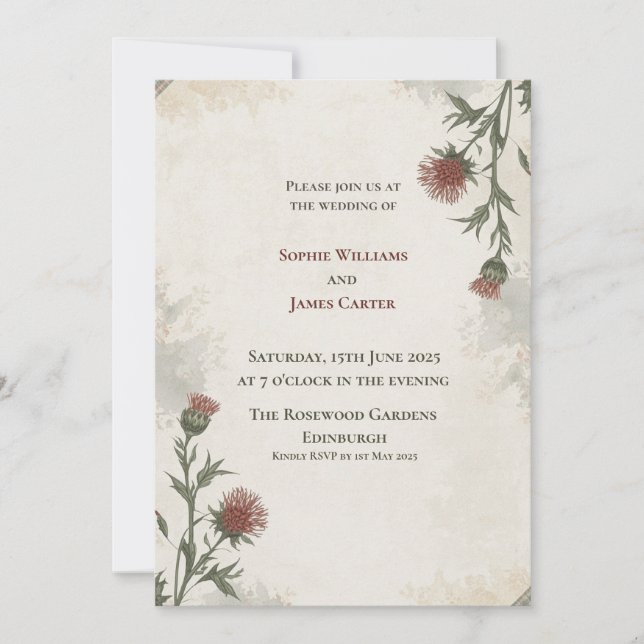 Vintage Botanical Thistle Wedding Invitation (Front)
