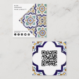 Vintage Botanical Tiles QR Code Social Media Icons Square Business Card
