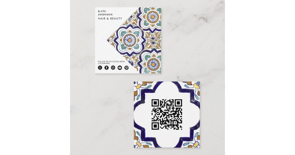Vintage Botanical Tiles QR Code Social Media Icons Square Business Card ...