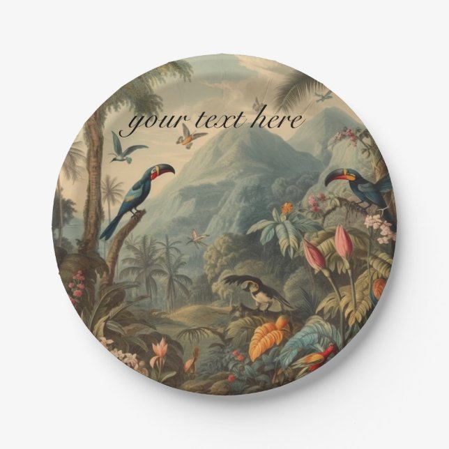 Vintage botanical toucans and flowers customisable paper plate (Front)