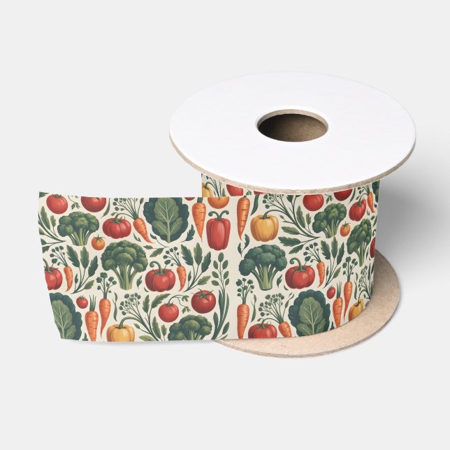 Vintage Botanical Vegetable Garden Pattern Satin Ribbon (Spool)