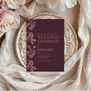 Vintage Botanical Wedding Plum Burgundy Invitation