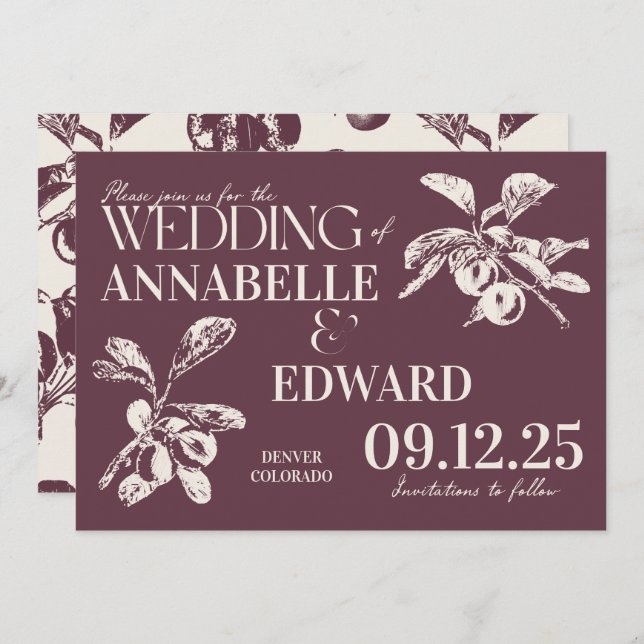 Vintage Botanical Wedding Plum Burgundy Invitation (Front/Back)