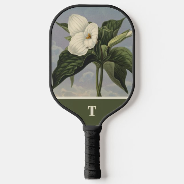 Vintage Botanical White Trillium Monogram Initial Pickleball Paddle (Front)