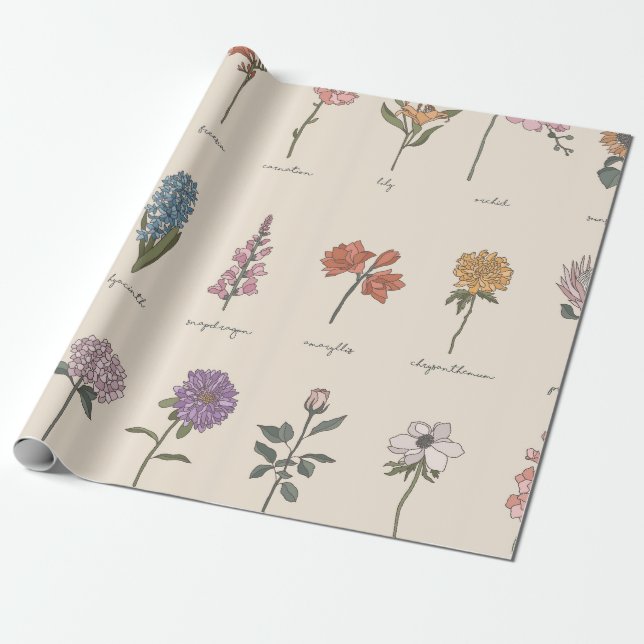 Vintage Botanical Wildflower Chart Wrapping Paper (Unrolled)