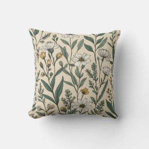 Vintage Botanical Wildflower Line Art Pillow
