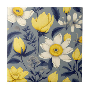 Vintage Botanical with Yellow Flower on Grey Ceramic Tile