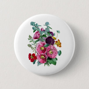 Vintage Botanicals Illustrations Hollyhocks 6 Cm Round Badge