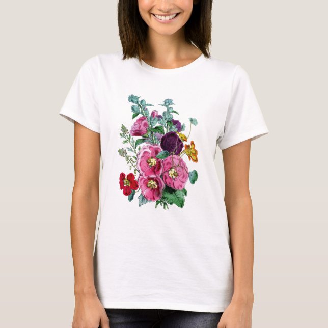 Vintage Botanicals Illustrations Hollyhocks T-Shirt (Front)
