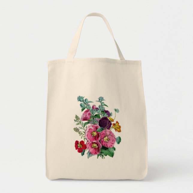 Vintage Botanicals Illustrations Hollyhocks Tote Bag (Front)