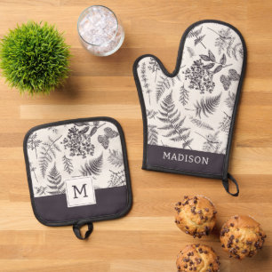 Vintage Botany & Butterfly Pattern Oven Mitt & Pot Holder Set