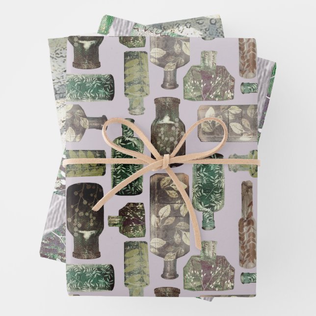 Vintage Bottles & Botanical Textures  Wrapping Paper Sheet (In situ)