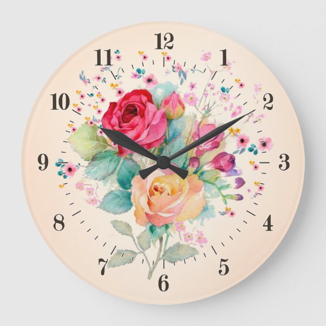 Vintage Bouquet of Roses and Flowers Large Clock (Front)