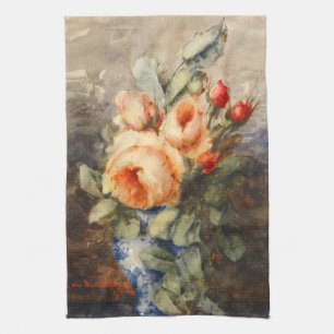 Vintage Bouquet of roses in a vase Tea Towel