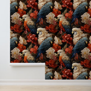 Vintage Boutique Decor Jungle Parrots Floral  Wallpaper
