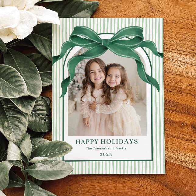 Vintage Bow Green Stripe Christmas Photo Holiday Card (Creator Uploaded)