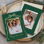 Vintage Bow Merry Christmas Green 2 Photo Foil Holiday Card<br><div class="desc">Celebrate the season in style with this luxurious foil Christmas card, featuring your favourite vertical family photo set against a dark green background adorned with an elegant, hand-drawn gold foil bow and ribbon. "Merry Christmas" shines in gold foil, adding a touch of sophistication, with space below to personalise your family...</div>