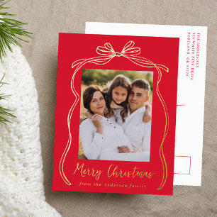 Vintage Bow Merry Christmas Red Photo Foil Holiday Postcard
