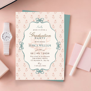 Vintage bow pastel blue pink graduation invitation