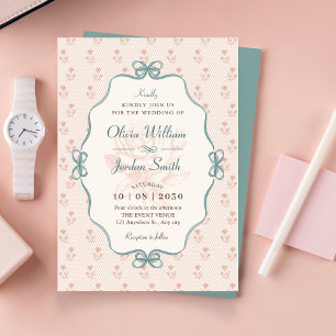 Vintage bow pastel blue pink wedding invitation
