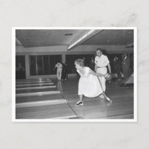 Vintage bowling alley woman in white dress postcard