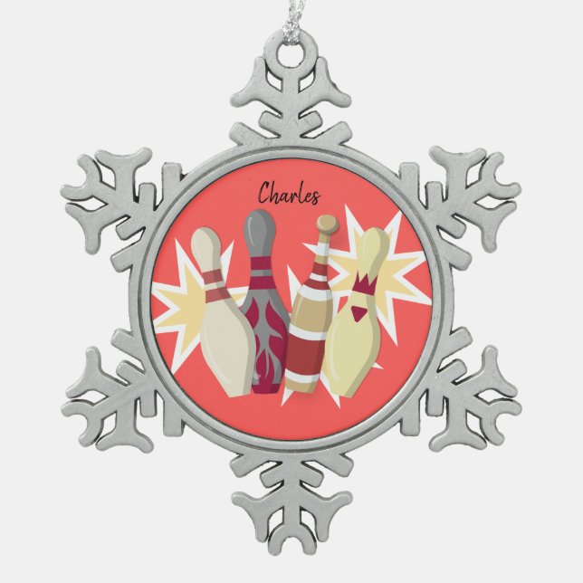 Vintage Bowling Snowflake Pewter Christmas Ornament (Front)