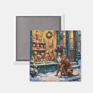 Vintage Boxer Dog at Christmas Toy Shop Window Magnet
