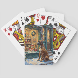 Vintage Boxer Dog at Christmas Toy Shop Window Playing Cards