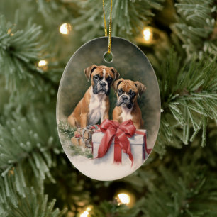 Vintage Boxer Dog Christmas Ceramic Ornament