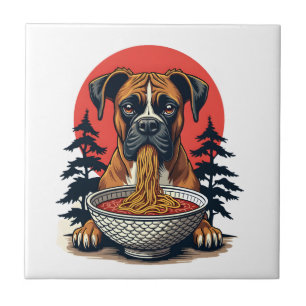 Vintage Boxer Dog Eating Ramen Japanese Sunset Ill Ceramic Tile