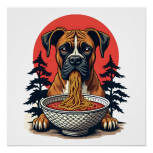Vintage Boxer Dog Eating Ramen Japanese Sunset Ill Poster